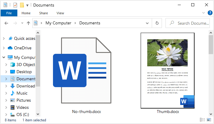 ফাইল এক্সপ্লোরারে থাম্বনেইল বিহীন ও থাম্বনেইলযুক্ত ওয়ার্ড ডকুমেন্ট