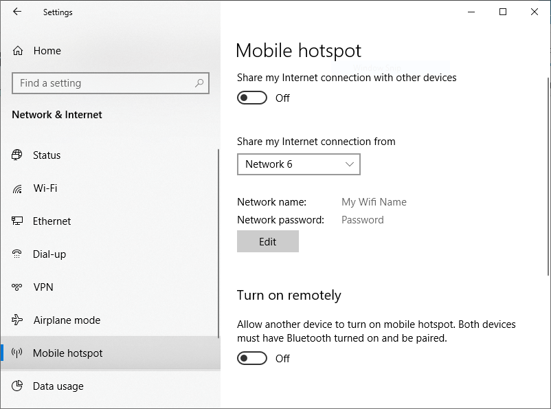 Wifi Hotspot Settings Screen on Windows 10